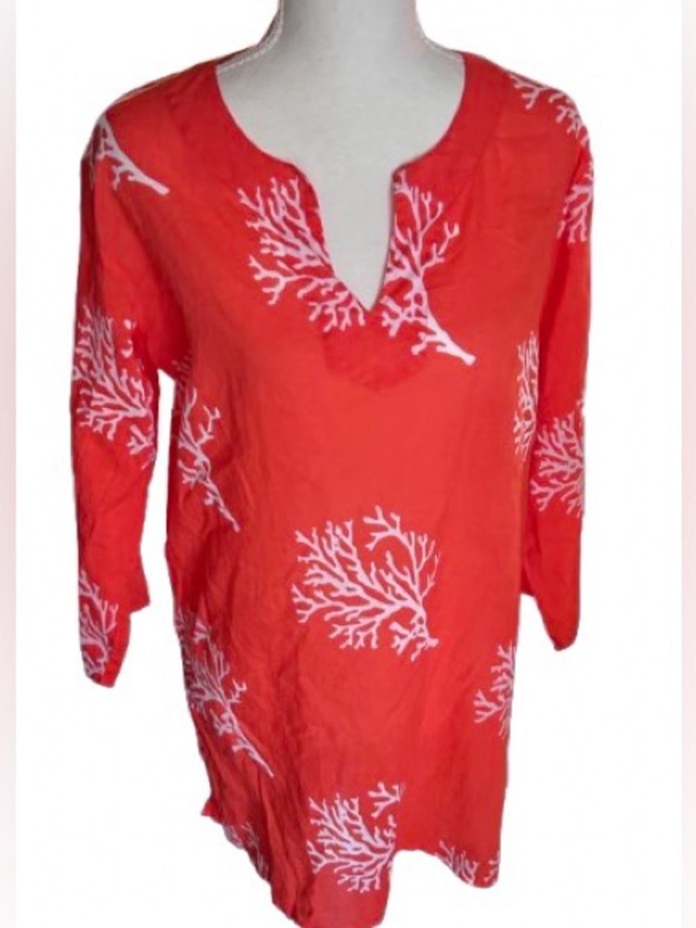 100% Cotton Coral KIKISOL Tunic Beach Shirt Top Ocean Coverup Resort Seashell